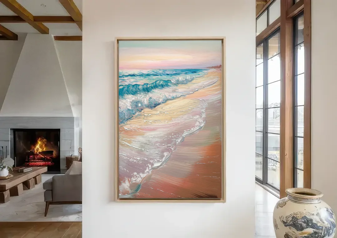Long Beach California Ocean Waves canvas wall art in a living room with a fireplace