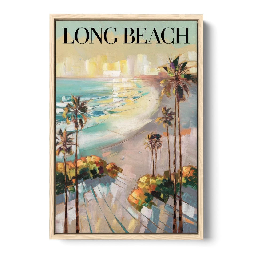 Long Beach California Palm Trees - Oak Framed Canvas Wall Art - Front