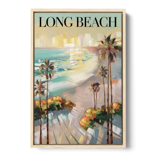 Long Beach California Palm Trees - Oak Framed Canvas Wall Art - Front