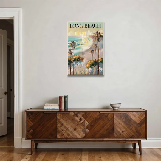 Long Beach California Palm Trees - Oak Framed Canvas Wall Art - Coffee Table - 24x36