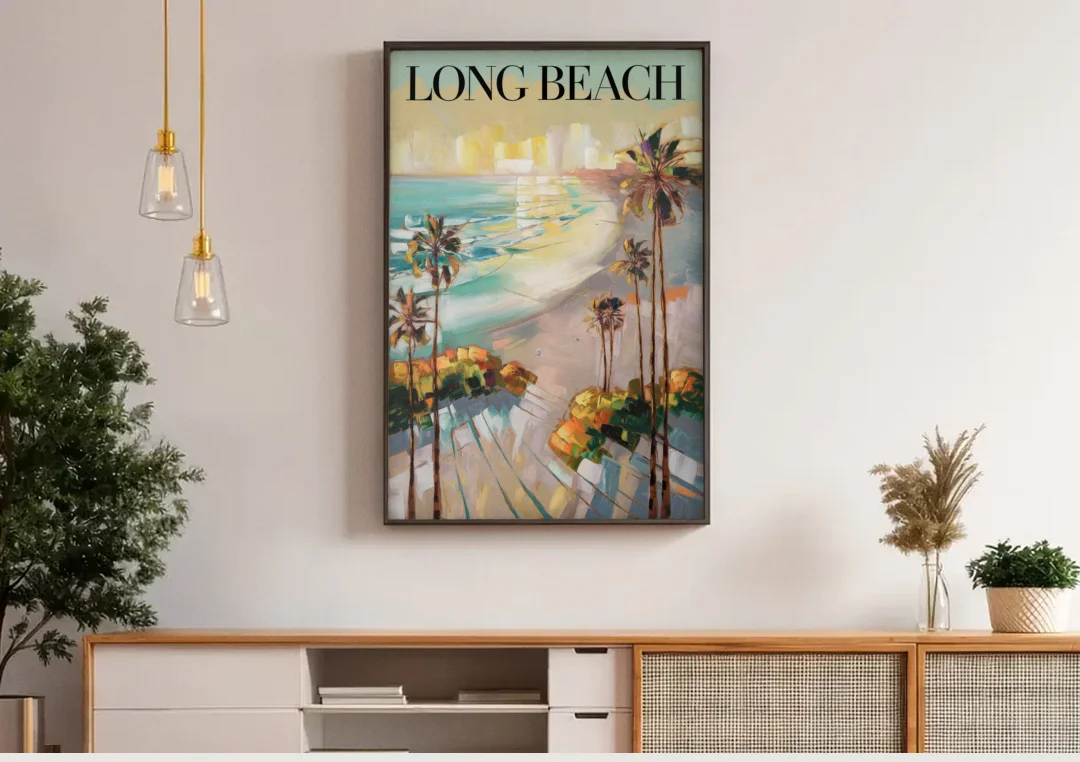 Long Beach California Palm Trees canvas wall art above a wooden sideboard under pendant lights