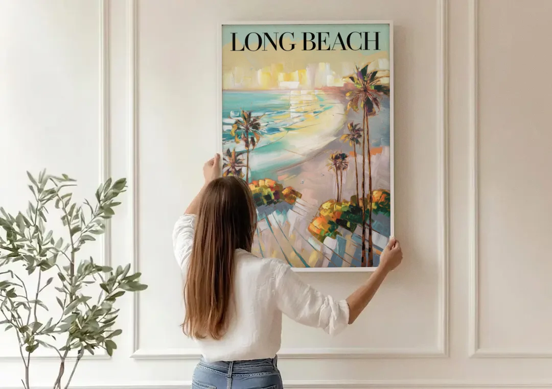 Long Beach California Palm Trees canvas wall art being hung on a paneled wall