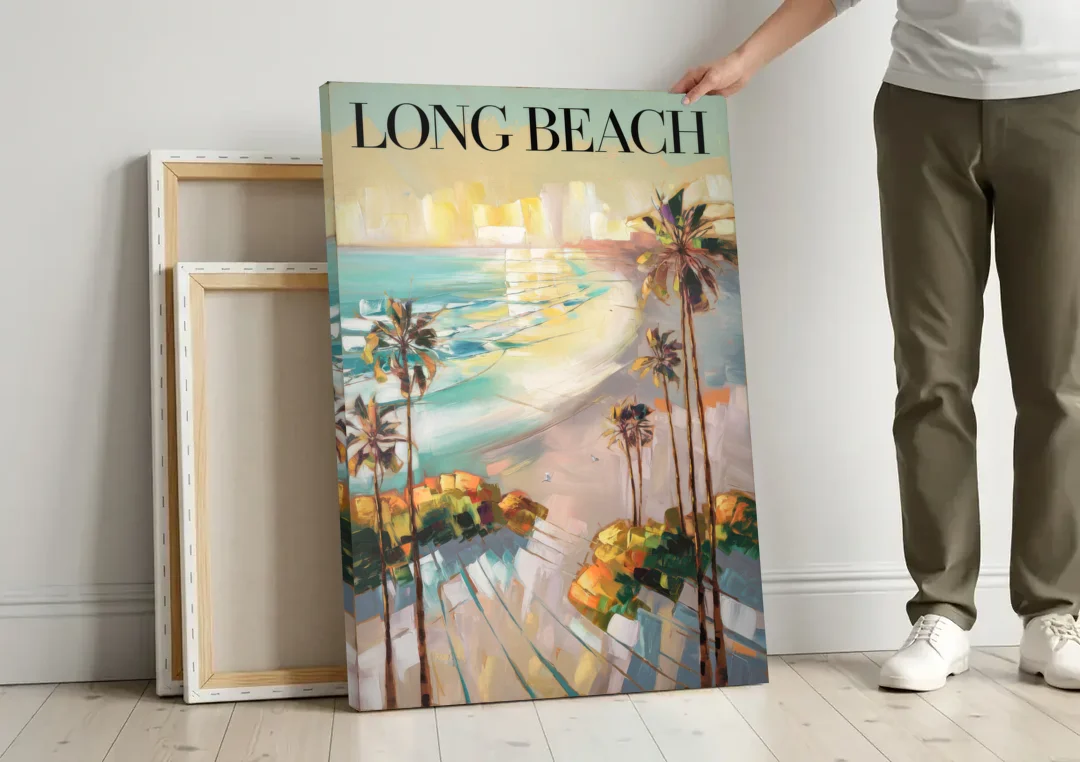 Long Beach California Palm Trees canvas wall art leaning against a wall next to blank canvases