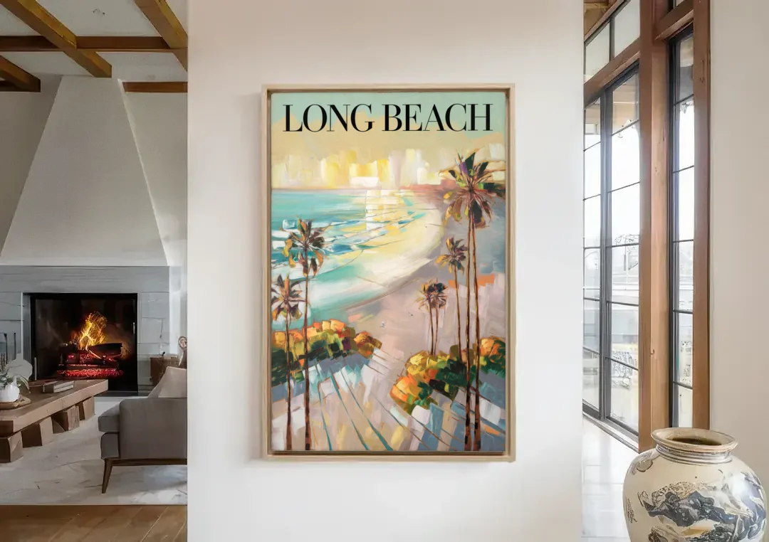 Long Beach California Palm Trees canvas wall art in a living room with a fireplace