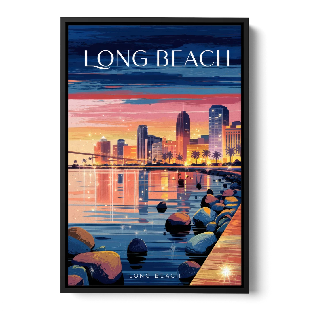 Long Beach Cityscape Evening Lights - Black Framed Canvas Wall Art - Front