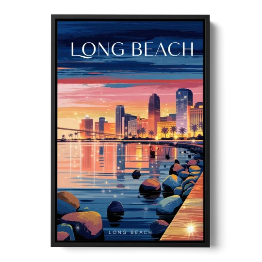 Long Beach Cityscape Evening Lights - Black Framed Canvas Wall Art - Front