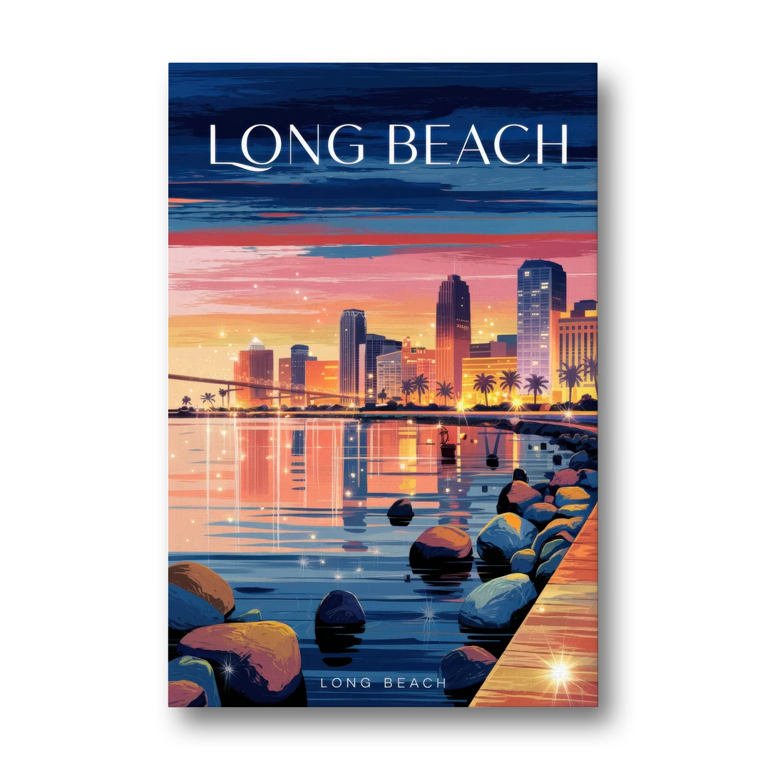 Long Beach Cityscape Evening Lights - Canvas Wall Art - Front