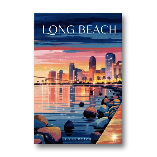 Long Beach Cityscape Evening Lights - Canvas Wall Art - Front