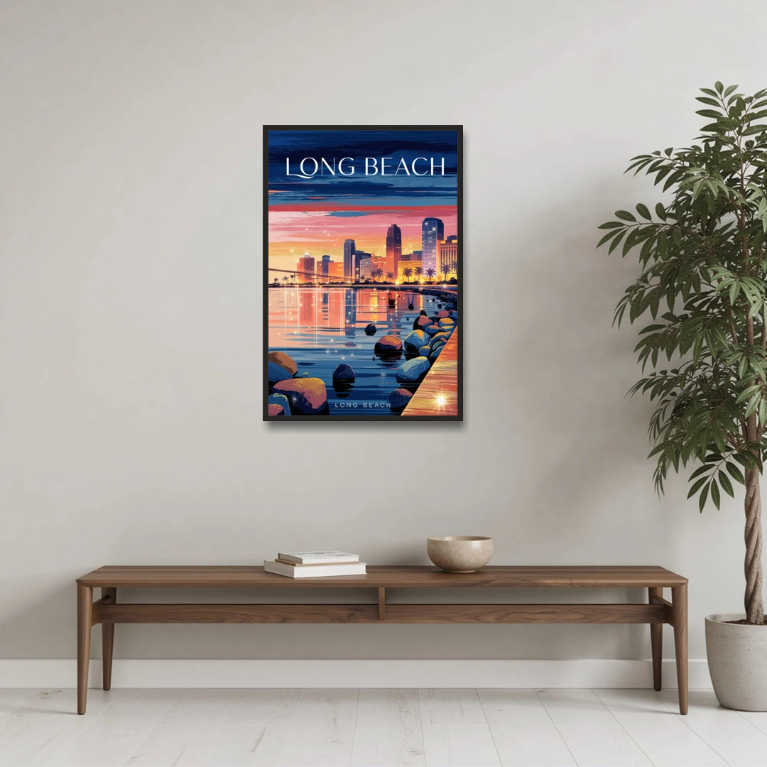 Long Beach Cityscape Evening Lights - Black Framed Canvas Wall Art - Coffee Table - 24x36