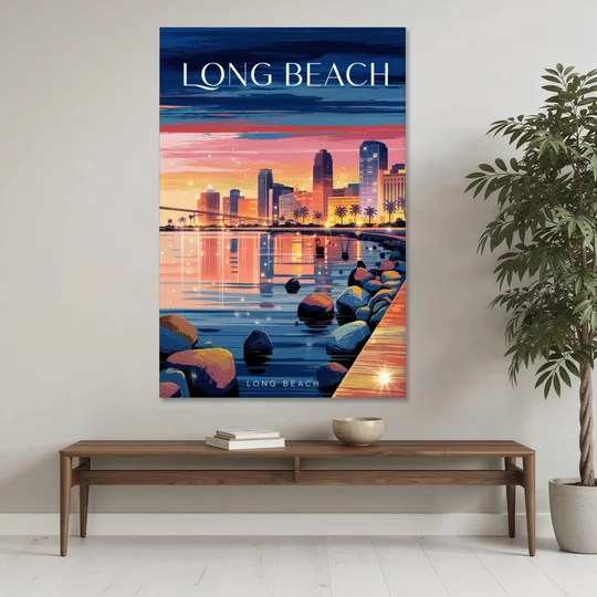 Long Beach Cityscape Evening Lights - Canvas Wall Art - Coffee Table - 40x60