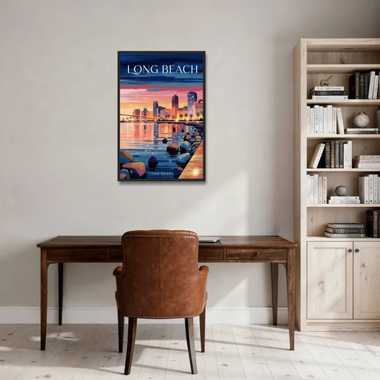 Long Beach Cityscape Evening Lights - Black Framed Canvas Wall Art - Office - 24x36
