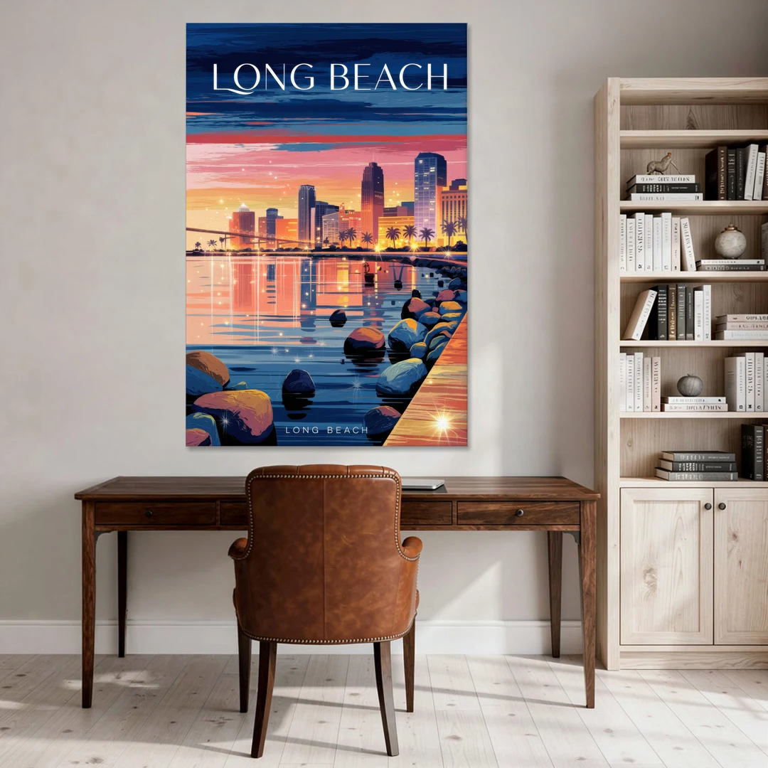Long Beach Cityscape Evening Lights - Canvas Wall Art - Office - 40x60