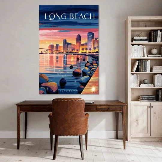 Long Beach Cityscape Evening Lights - Canvas Wall Art - Office - 40x60
