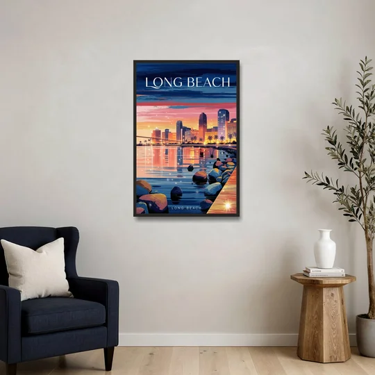 Long Beach Cityscape Evening Lights - Black Framed Canvas Wall Art - Sofa - 24x36