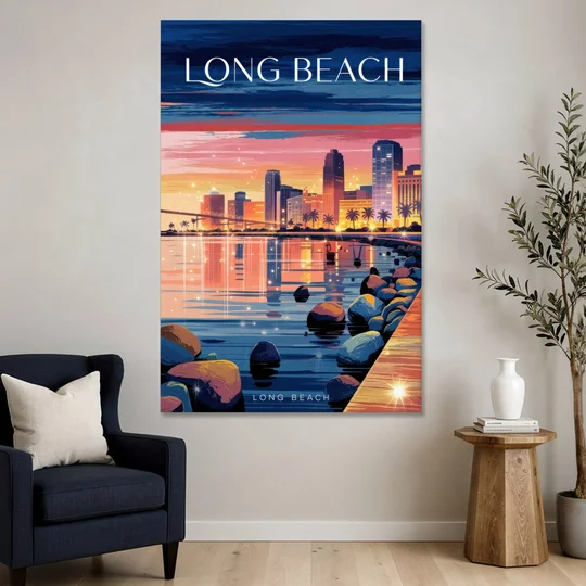 Long Beach Cityscape Evening Lights - Canvas Wall Art - Sofa - 40x60
