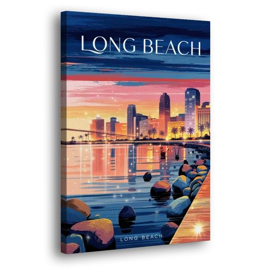Long Beach Cityscape Evening Lights - Canvas Wall Art - Side