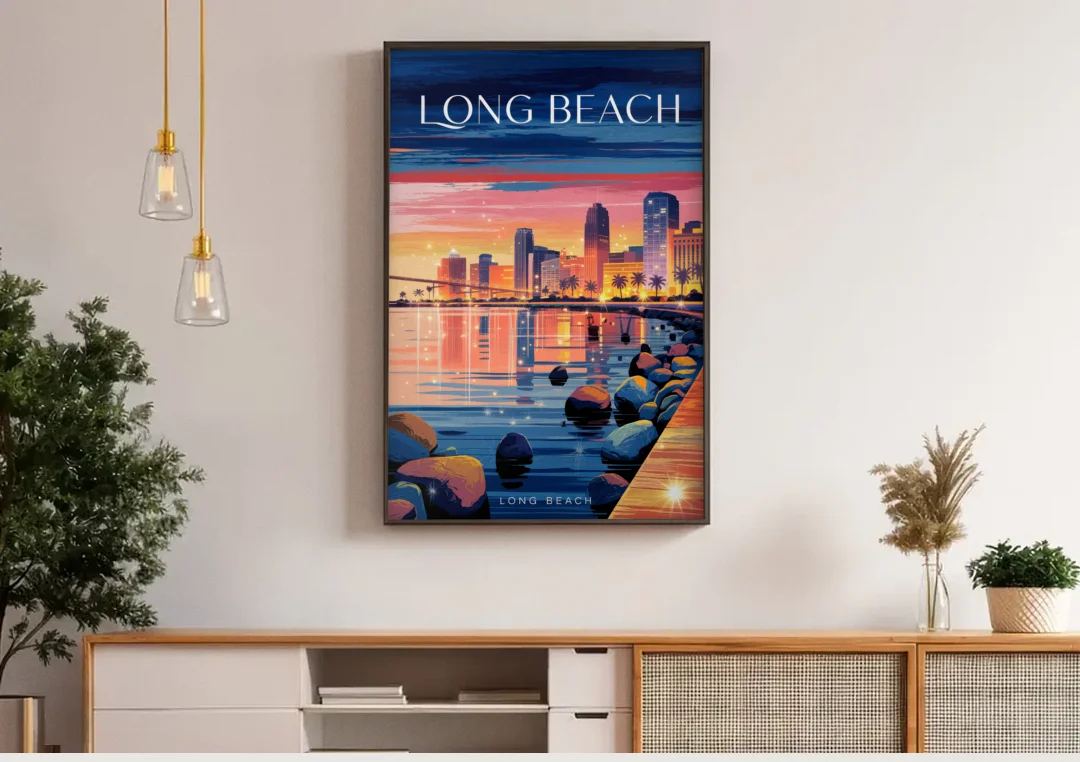 Long Beach Cityscape Evening Lights canvas wall art above a wooden sideboard under pendant lights