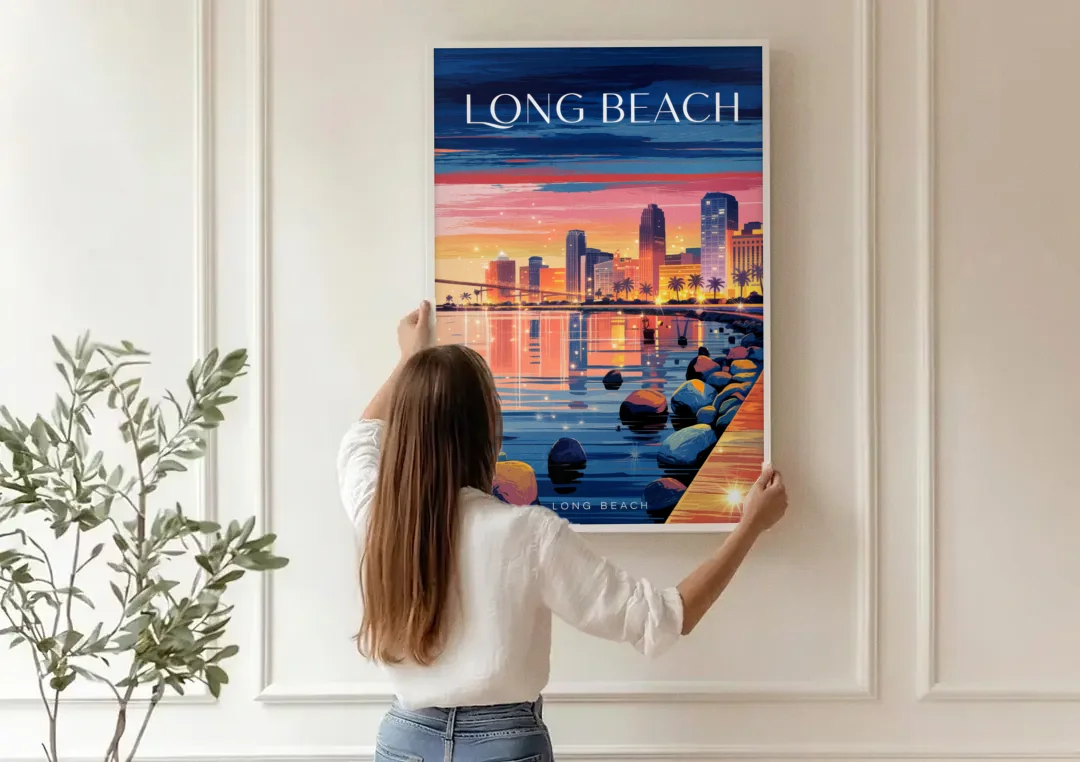 Long Beach Cityscape Evening Lights canvas wall art being hung on a paneled wall