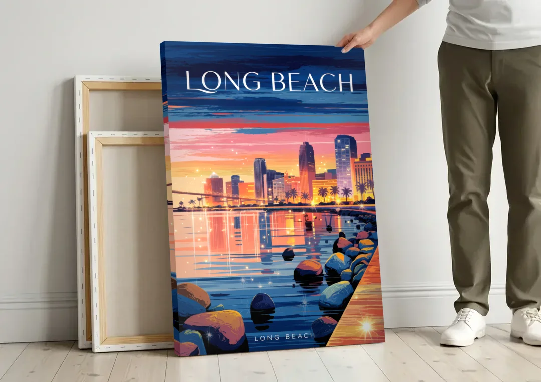 Long Beach Cityscape Evening Lights canvas wall art leaning against a wall next to blank canvases