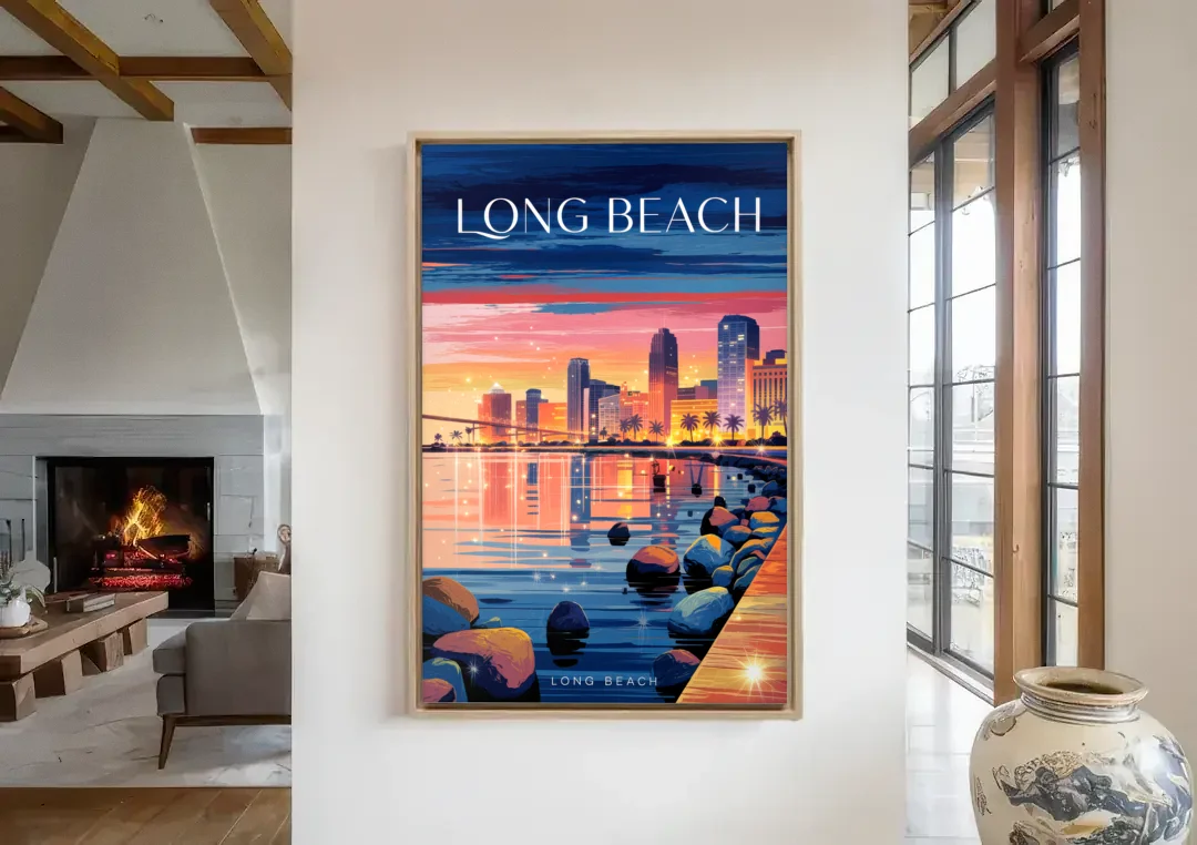 Long Beach Cityscape Evening Lights canvas wall art in a living room with a fireplace