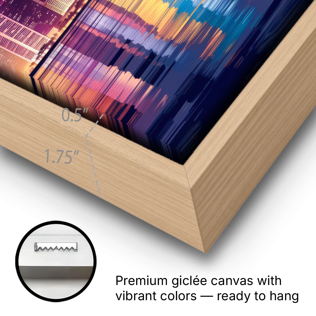 Long Beach Cityscape Evening Lights Nightscape - Oak Framed Canvas Wall Art - Gallery Wrap Corner