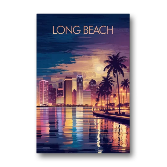 Long Beach Cityscape Evening Lights Nightscape - Canvas Wall Art - Front