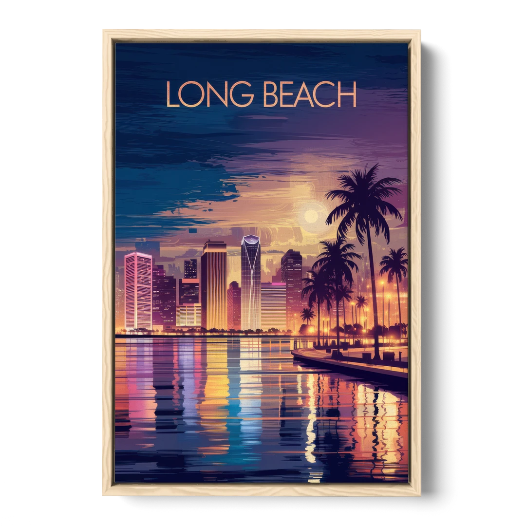 Long Beach Cityscape Evening Lights Nightscape - Oak Framed Canvas Wall Art - Front