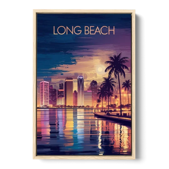 Long Beach Cityscape Evening Lights Nightscape - Oak Framed Canvas Wall Art - Front