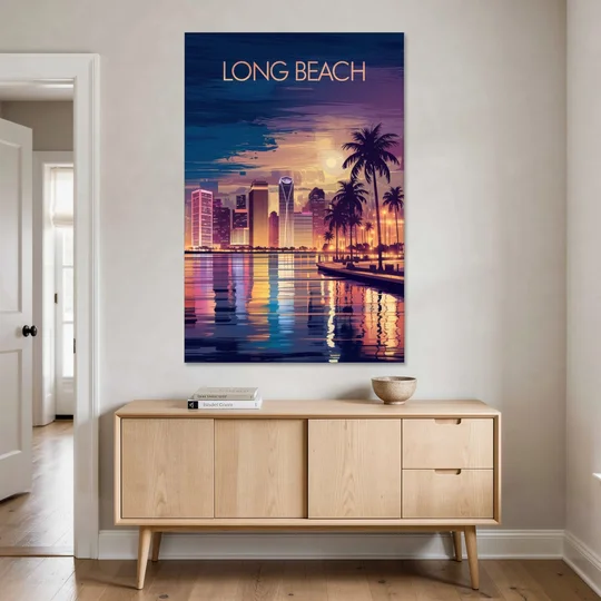 Long Beach Cityscape Evening Lights Nightscape - Canvas Wall Art - Coffee Table - 40x60