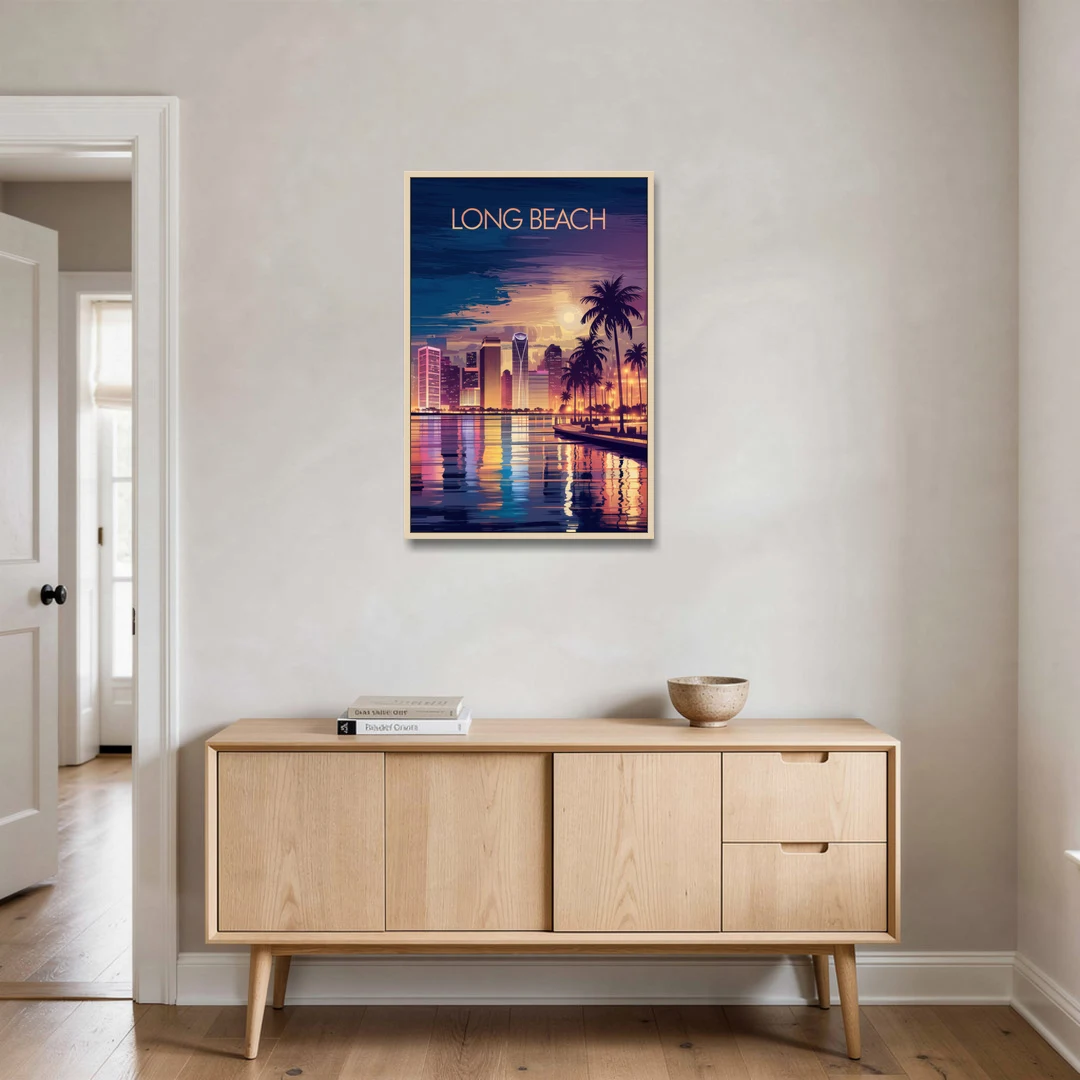Long Beach Cityscape Evening Lights Nightscape - Oak Framed Canvas Wall Art - Coffee Table - 24x36