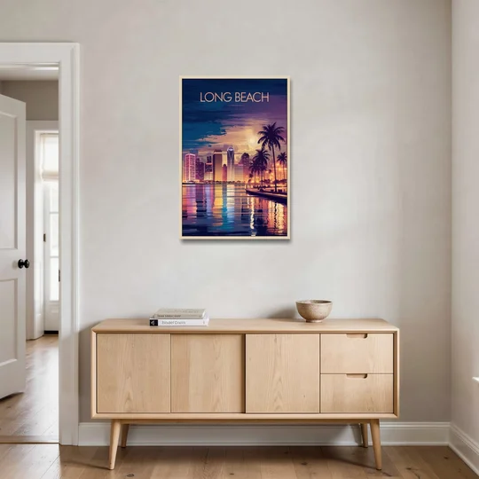 Long Beach Cityscape Evening Lights Nightscape - Oak Framed Canvas Wall Art - Coffee Table - 24x36