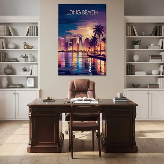 Long Beach Cityscape Evening Lights Nightscape - Canvas Wall Art - Office - 40x60