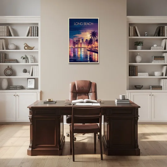 Long Beach Cityscape Evening Lights Nightscape - Oak Framed Canvas Wall Art - Office - 24x36