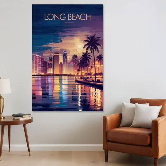 Long Beach Cityscape Evening Lights Nightscape - Canvas Wall Art - Sofa - 40x60