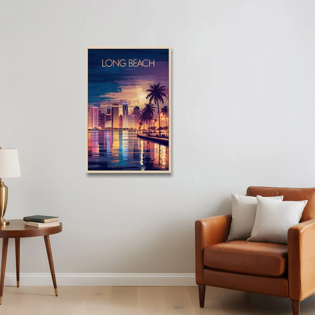 Long Beach Cityscape Evening Lights Nightscape - Oak Framed Canvas Wall Art - Sofa - 24x36