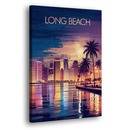 Long Beach Cityscape Evening Lights Nightscape - Canvas Wall Art - Side