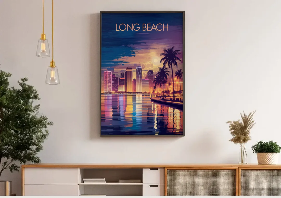 Long Beach Cityscape Evening Lights Nightscape canvas wall art above a wooden sideboard under pendant lights