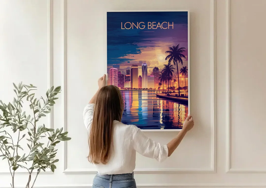 Long Beach Cityscape Evening Lights Nightscape canvas wall art being hung on a paneled wall