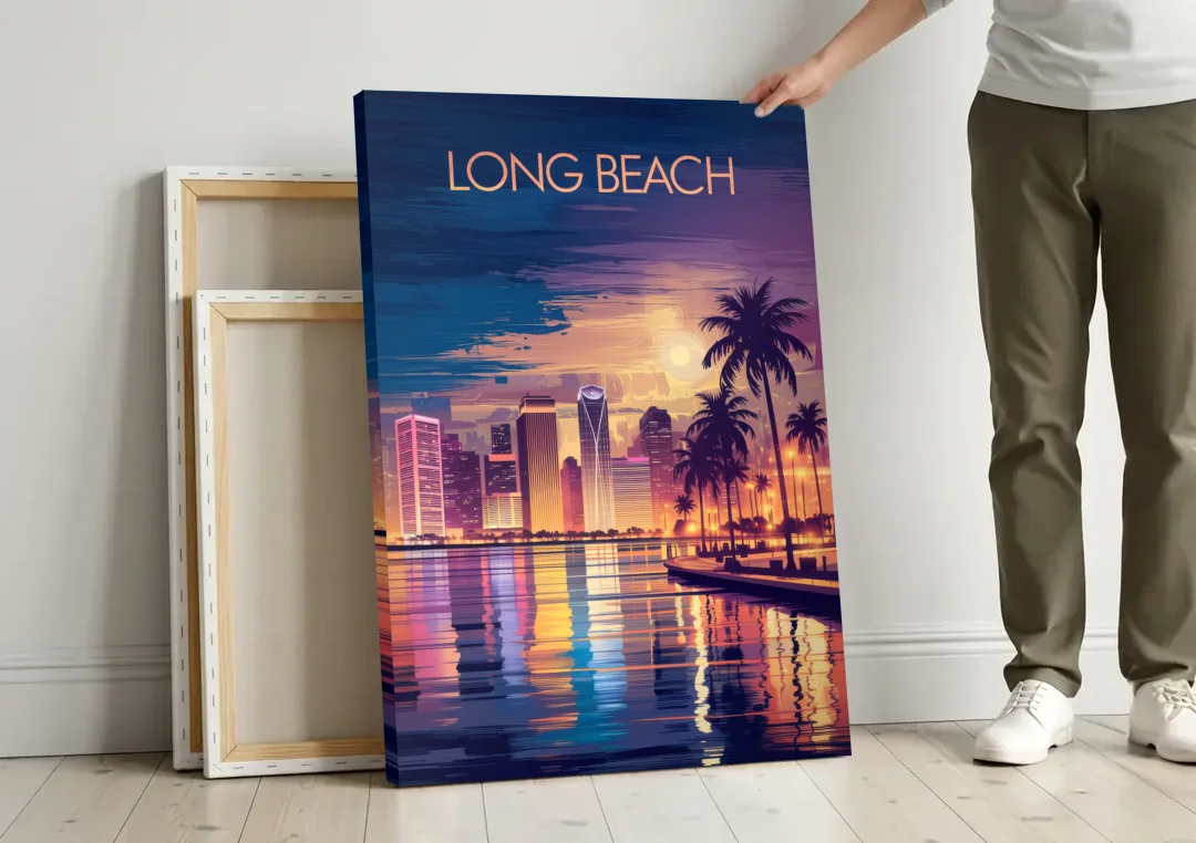 Long Beach Cityscape Evening Lights Nightscape canvas wall art leaning against a wall next to blank canvases