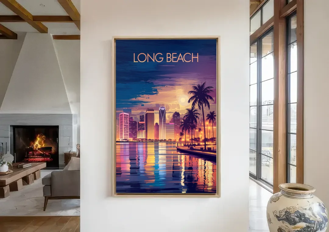 Long Beach Cityscape Evening Lights Nightscape canvas wall art in a living room with a fireplace