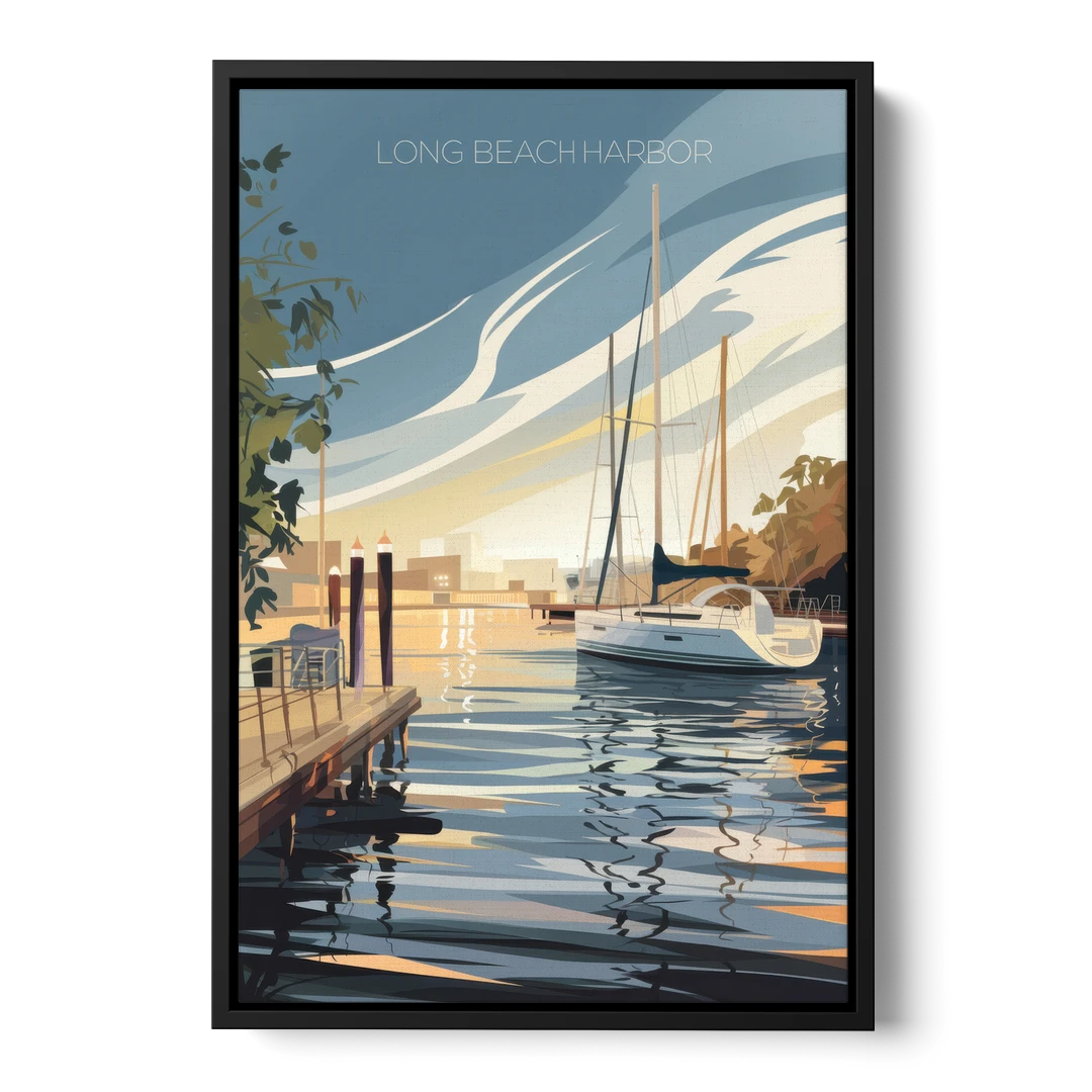 Long Beach Harbor and Sailboats - Black Framed Canvas Wall Art - Front