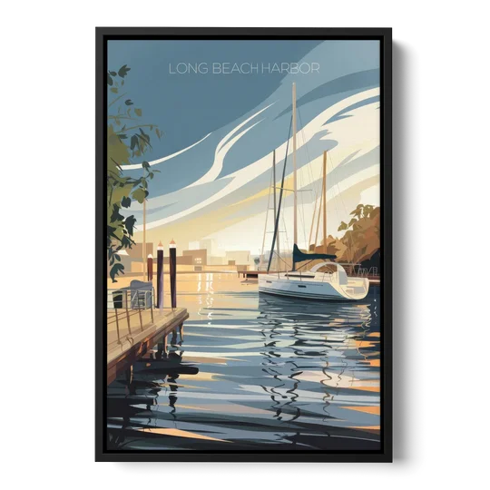 Long Beach Harbor and Sailboats - Black Framed Canvas Wall Art - Front