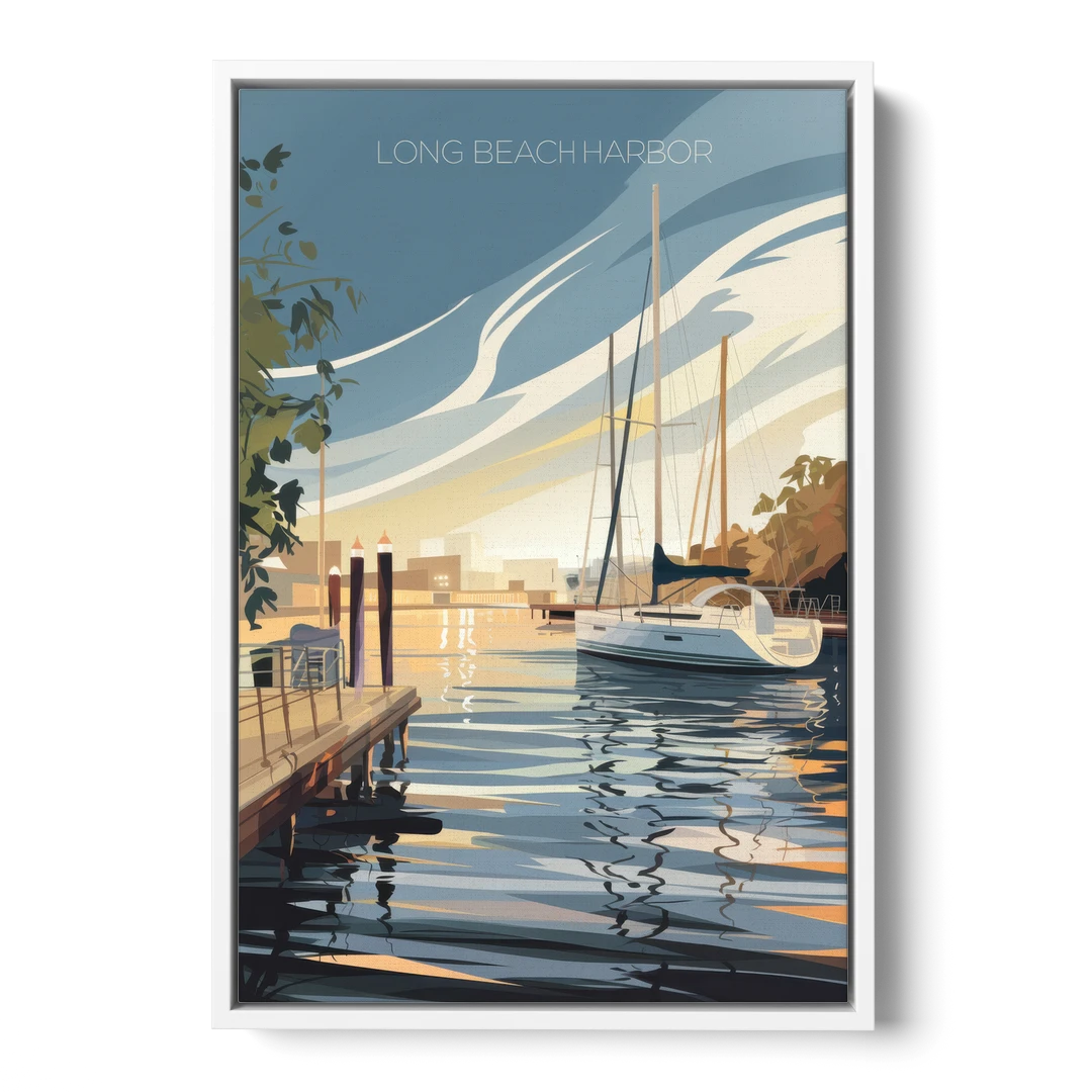 Long Beach Harbor and Sailboats - White Framed Canvas Wall Art - Front