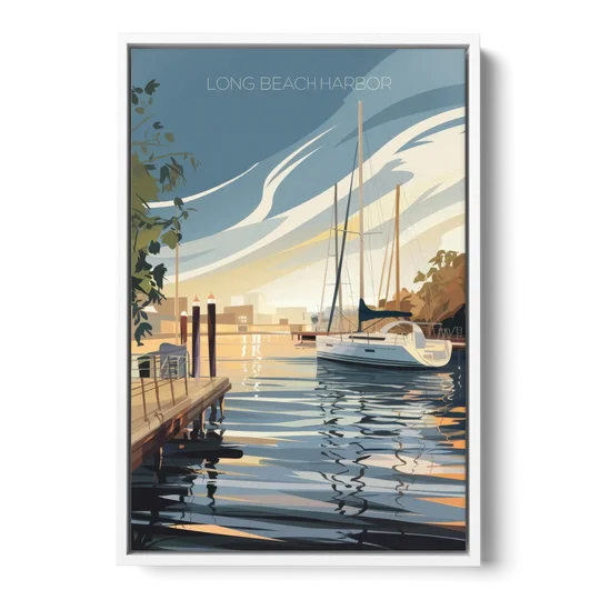 Long Beach Harbor and Sailboats - White Framed Canvas Wall Art - Front