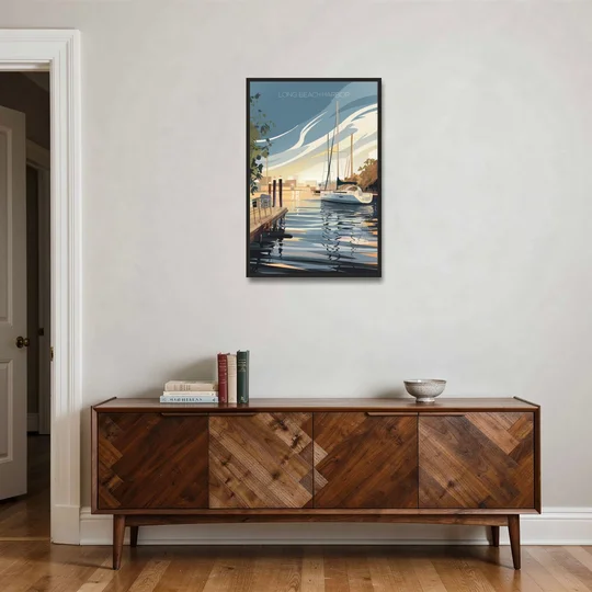 Long Beach Harbor and Sailboats - Black Framed Canvas Wall Art - Coffee Table - 24x36