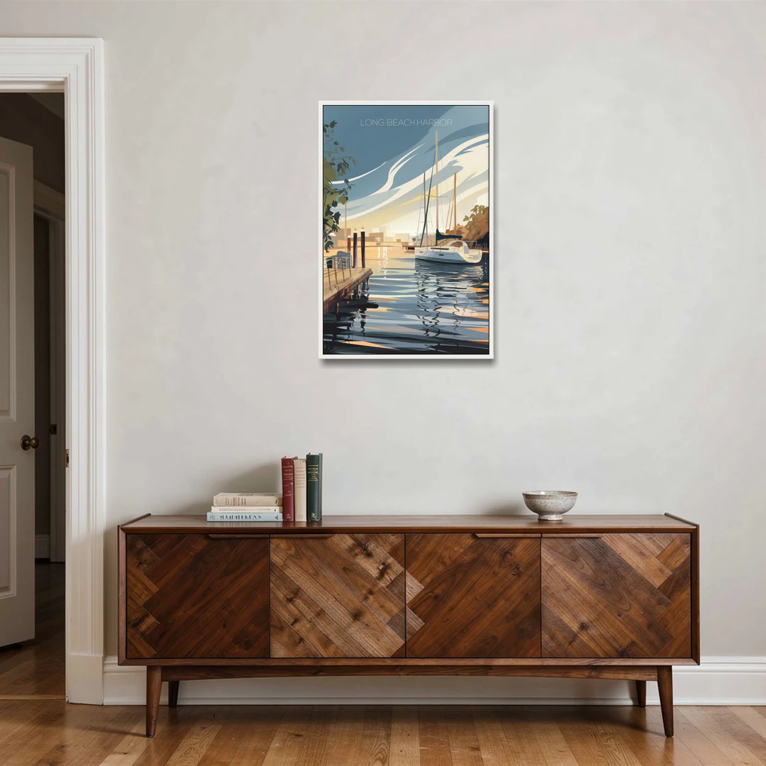 Long Beach Harbor and Sailboats - White Framed Canvas Wall Art - Coffee Table - 24x36