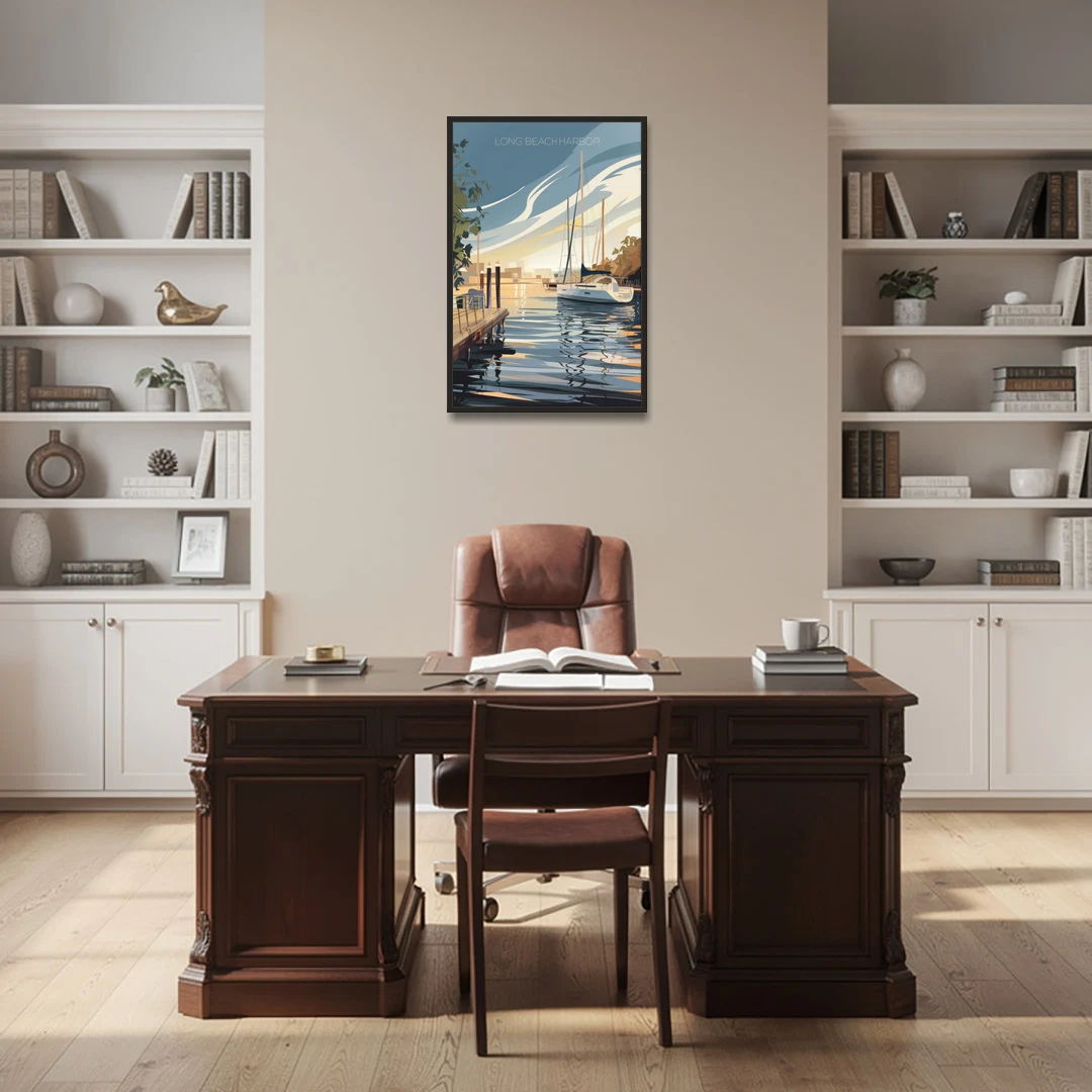 Long Beach Harbor and Sailboats - Black Framed Canvas Wall Art - Office - 24x36