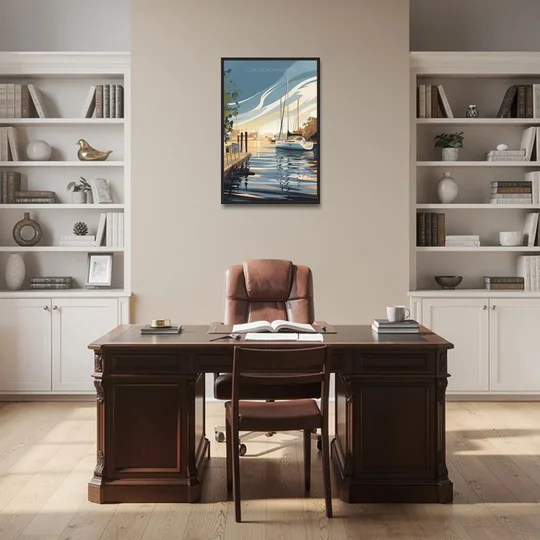 Long Beach Harbor and Sailboats - Black Framed Canvas Wall Art - Office - 24x36