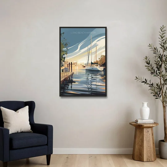 Long Beach Harbor and Sailboats - Black Framed Canvas Wall Art - Sofa - 24x36