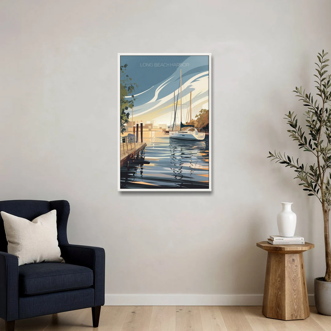 Long Beach Harbor and Sailboats - White Framed Canvas Wall Art - Sofa - 24x36